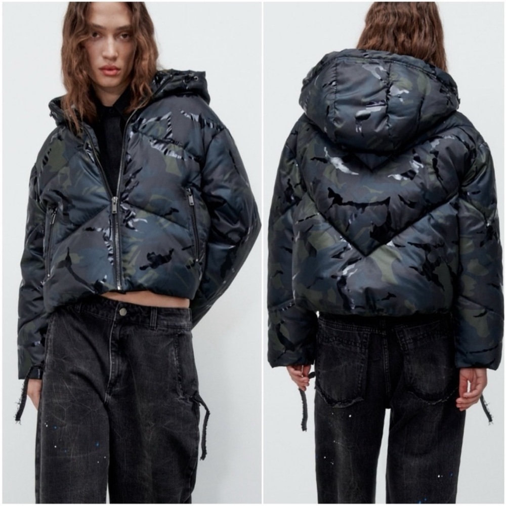Zara Quilted Camouflage Puffer Jacket